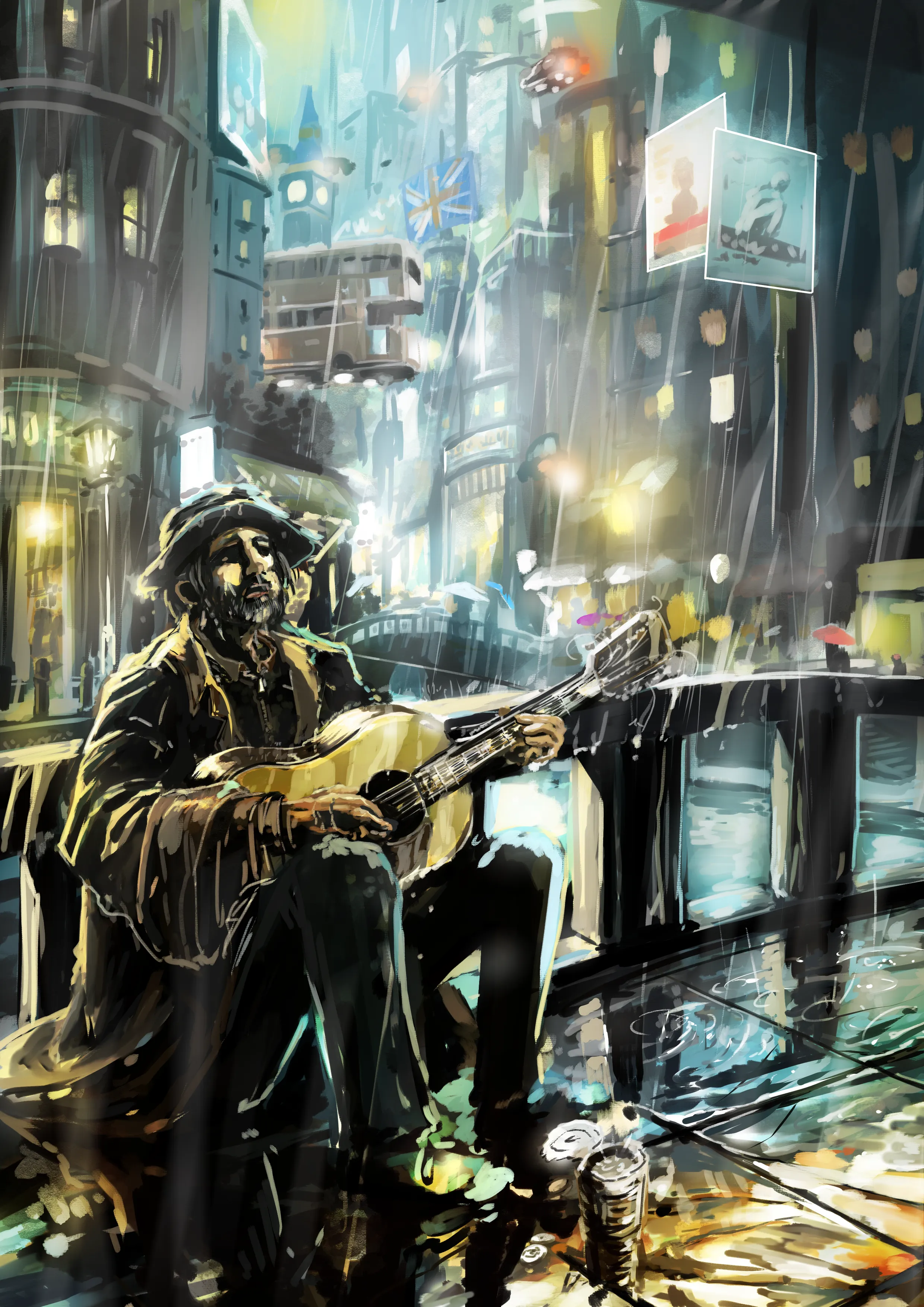 雨のロンドンの町のイラスト