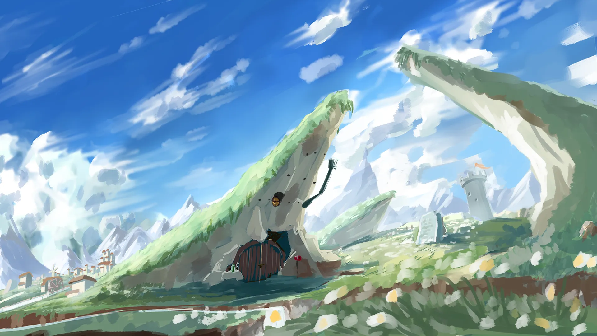 丘に建つ家 ファンタジー背景イラスト