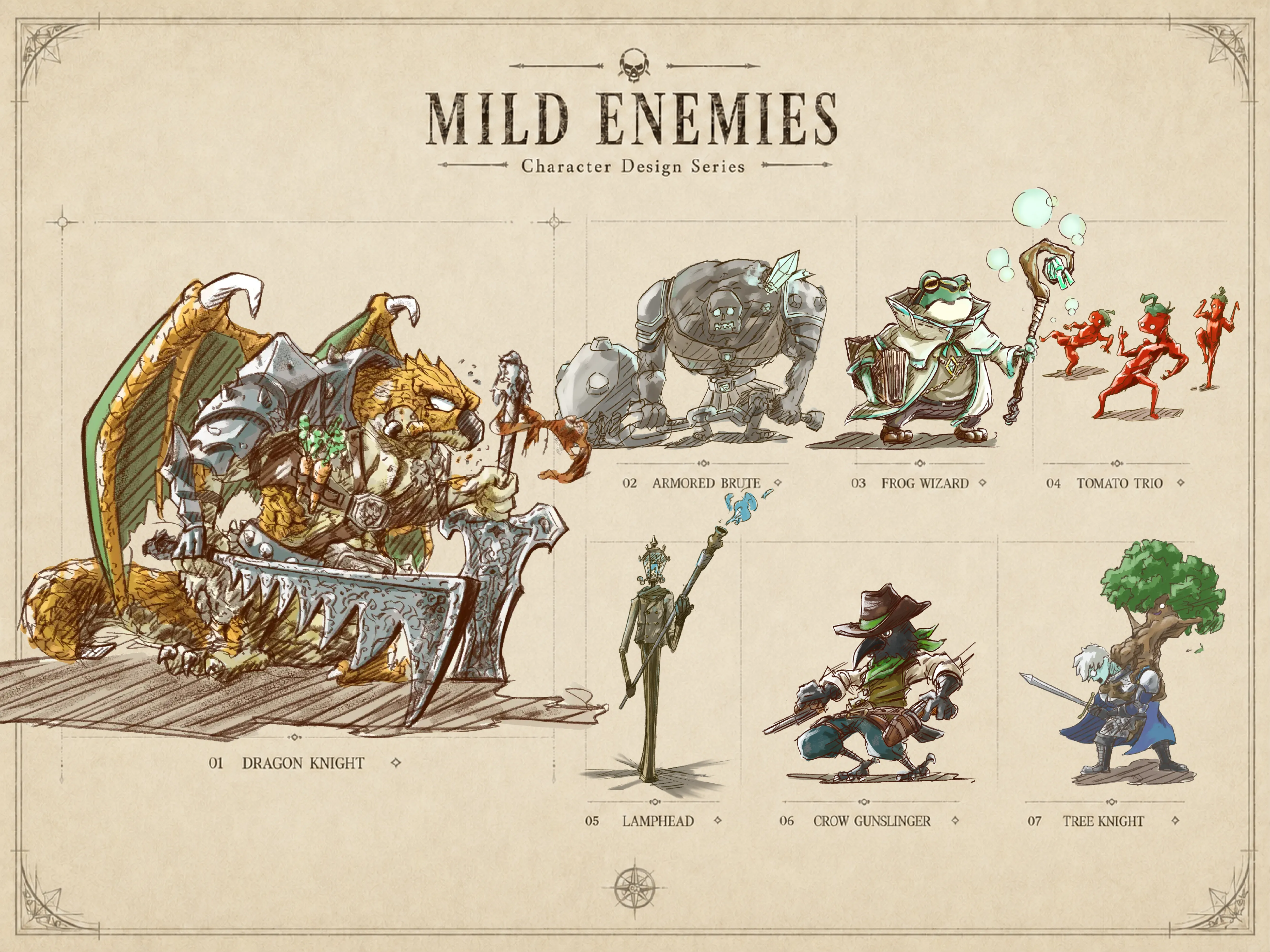 MILD ENEMIES FILEのキャラクターデザインを図鑑風にまとめたビジュアル