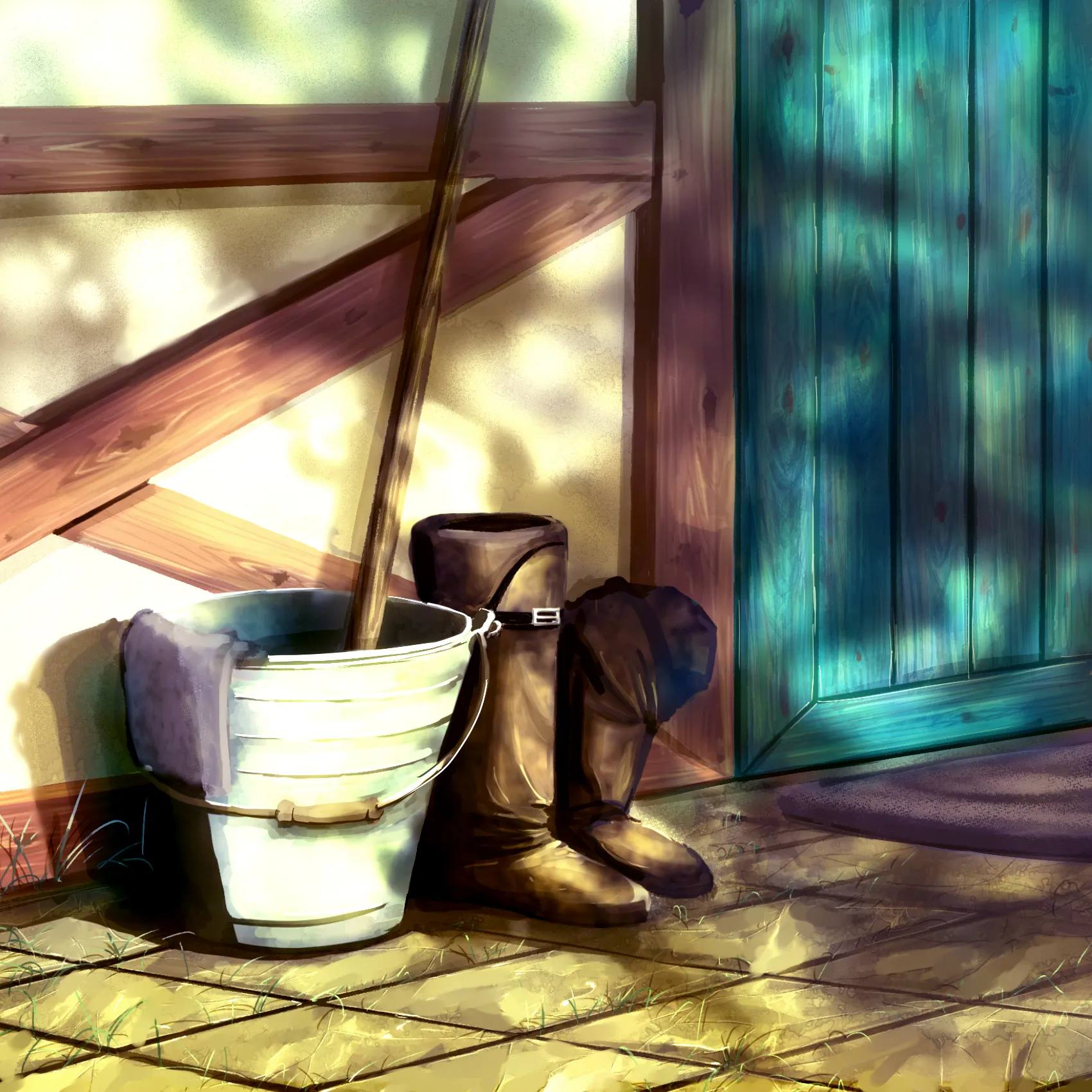 玄関先の長靴とバケツ 背景イラスト