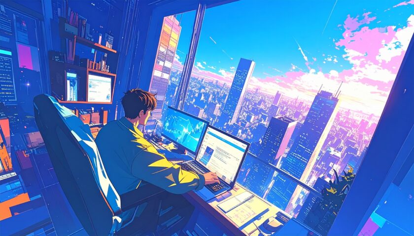 未来のオフィスで働くデザイナーのイラスト