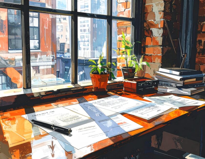 窓辺のデスクと書類