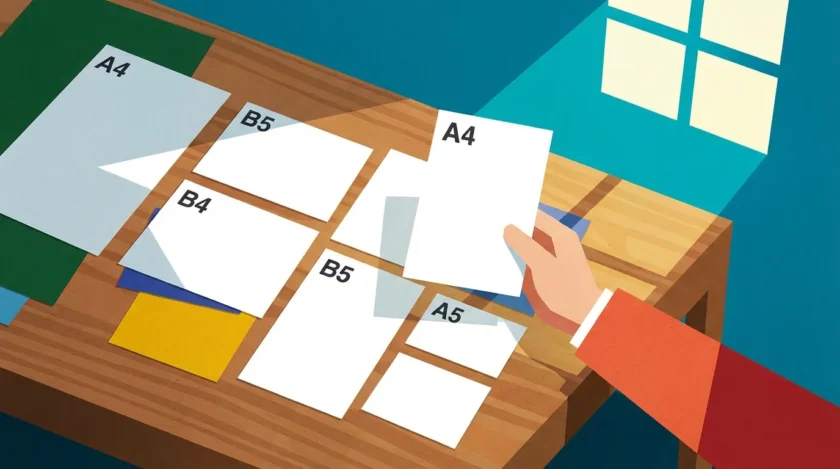 様々なサイズの紙から1枚を選んでいる様子