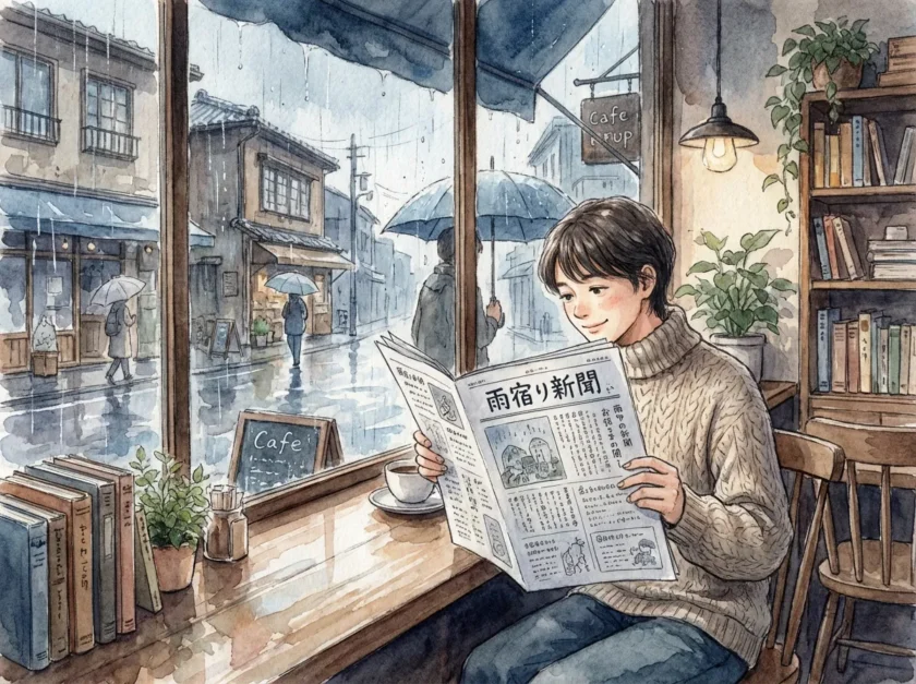 カフェの席でフリーペーパーを読む女性