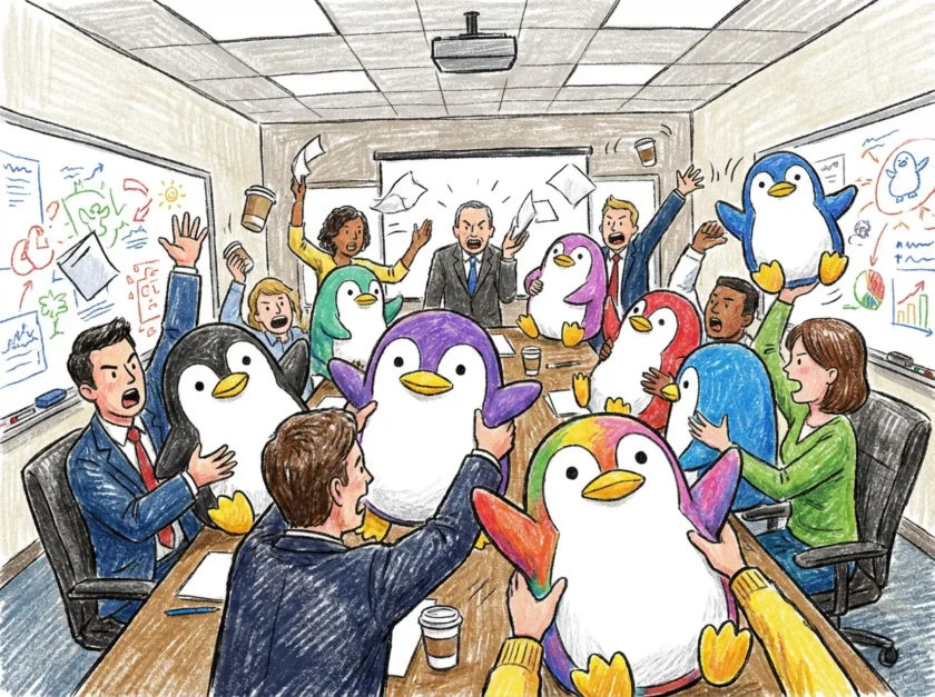 企業キャラクターを作るかどうかを会議している様子