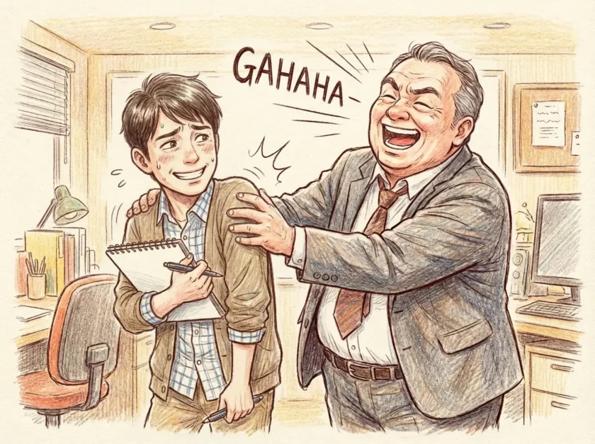 デザイナーが取引先社長に笑いながら肩をたたかれているイラスト