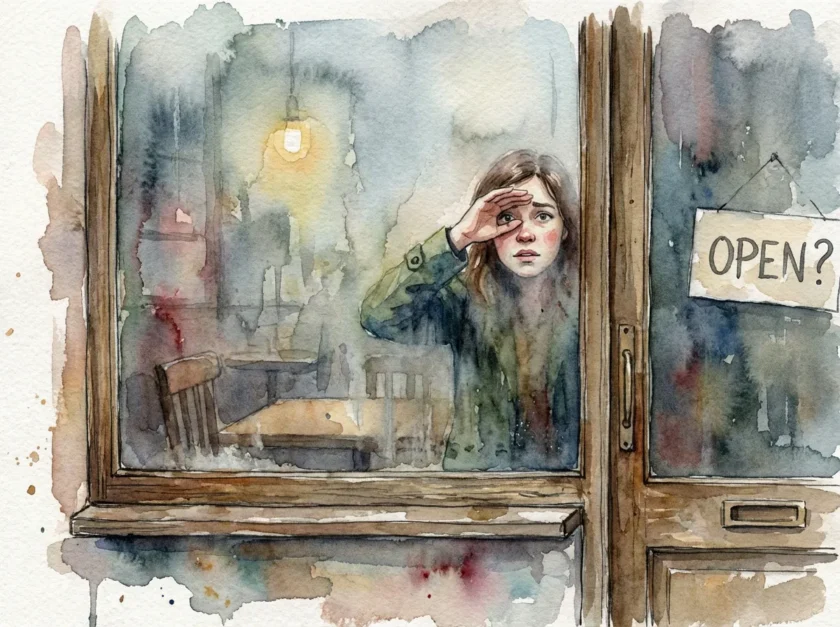 店内の見えずらいお店の窓を、「営業してるかな？」という感じで恐る恐る覗いている女性のイラスト。