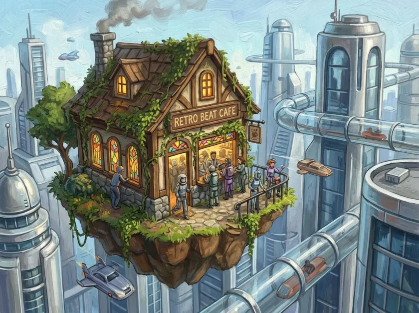 便利になった未来都市のなか、古いが人気のカフェ