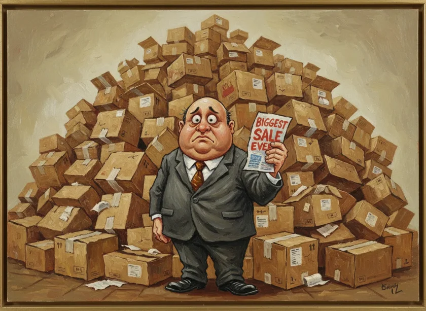 saleチラシをもって立ち尽くす社長のイラスト