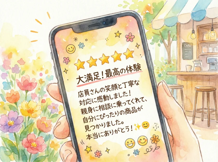 大満足レビューのスマホ画面のイラスト