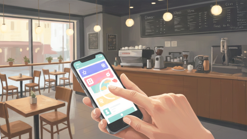 カフェでスマホを持っている