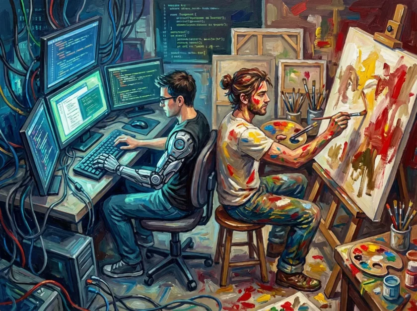 画家とプログラマーが背中合わせに作業しているイラスト