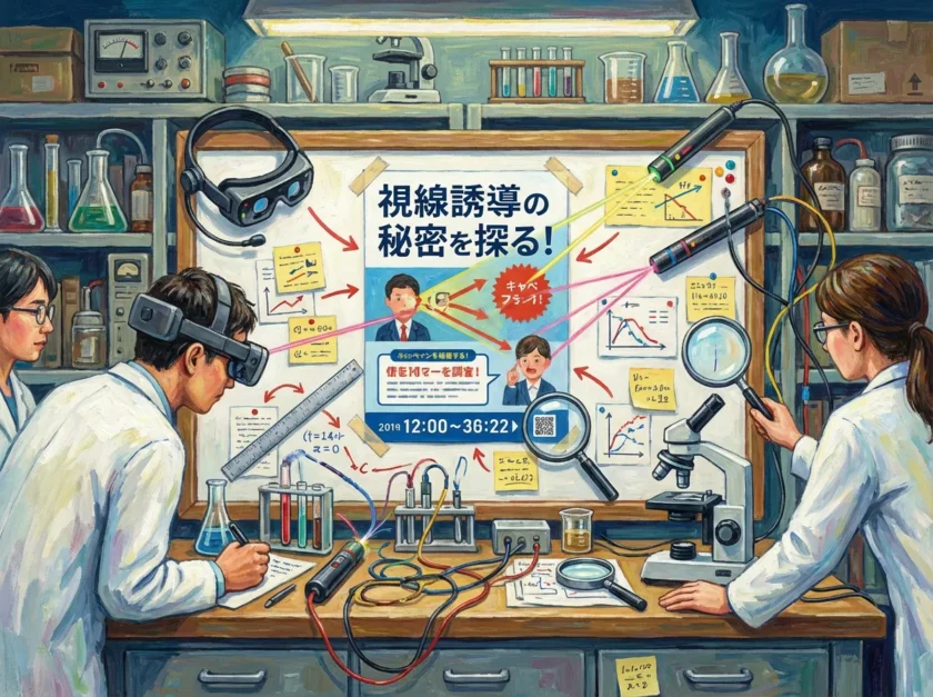 チラシの視線誘導の秘密を調べ上げる研究員たち