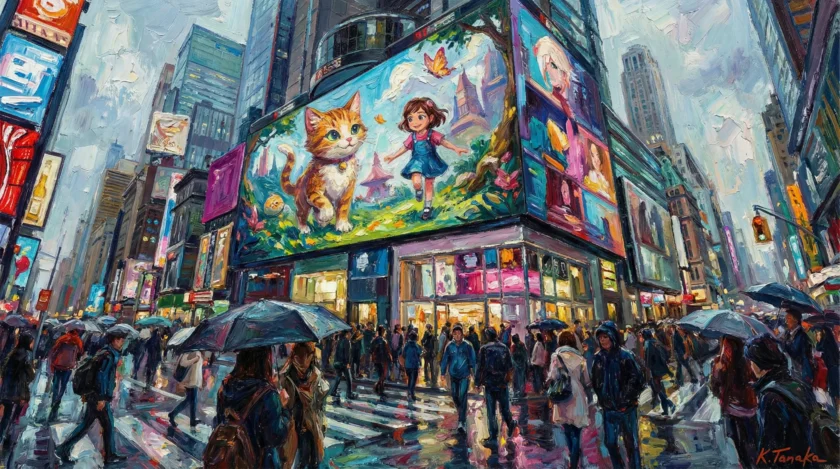 街中の広告モニターでアニメCMを放映しているイラスト