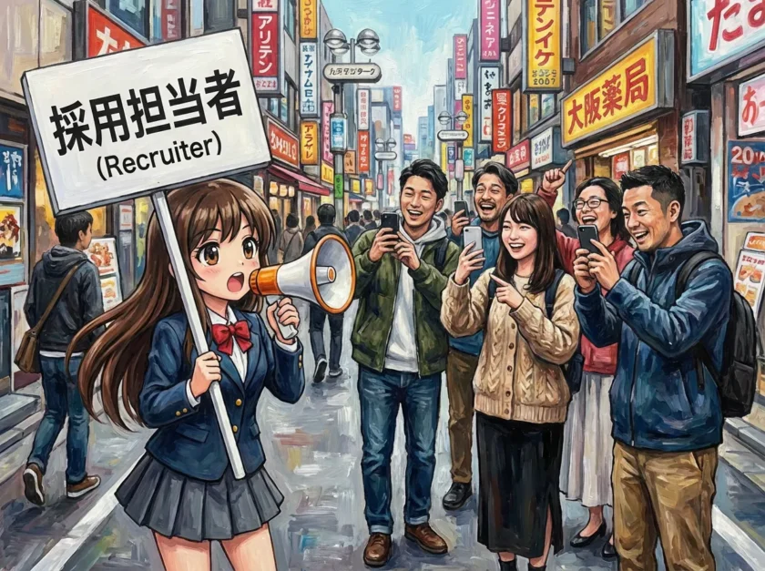 アニメキャラクターが街中で宣伝している様子