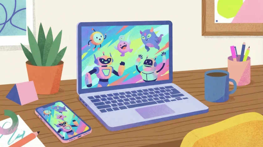 デスクにおかれたPCとスマホに同じアニメーションが流れている様子