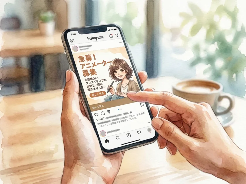 インスタのアニメ広告で指が止まる瞬間のイラスト