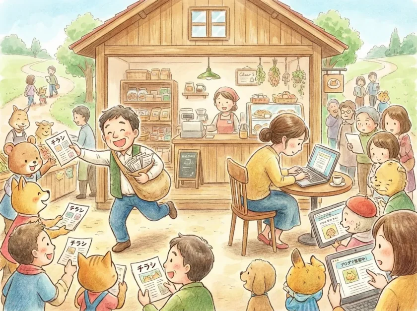 ビラ配りとブログ更新で集客対決をしている様子