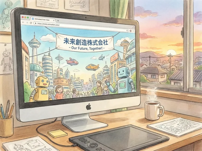 ホームページアニメがPC画面に映し出されているイラスト