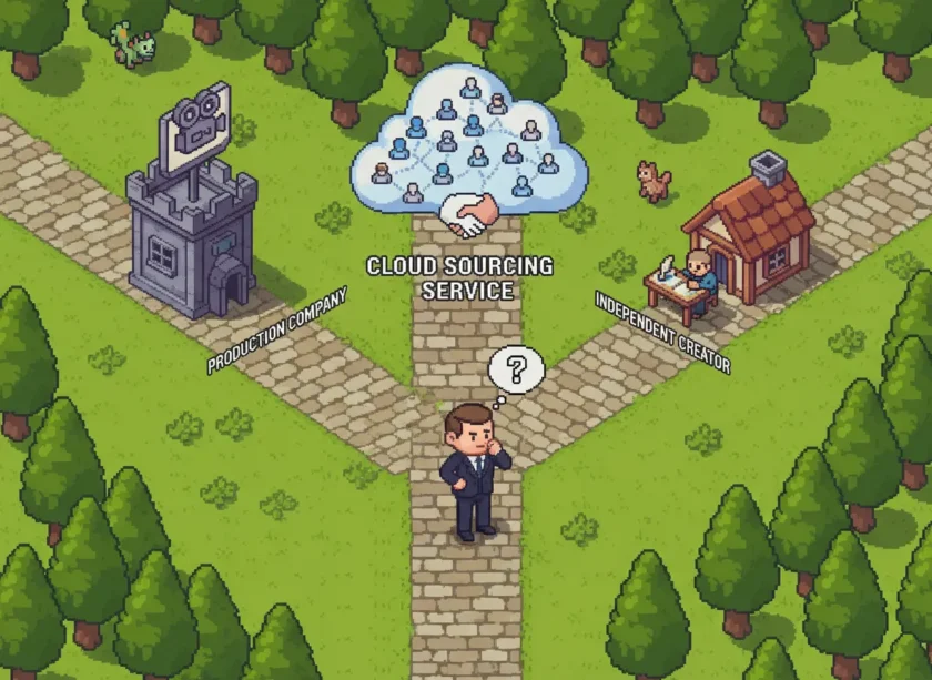 制作会社、クラウドソーシング、個人作家のどれに依頼するかを悩んでいる社長。