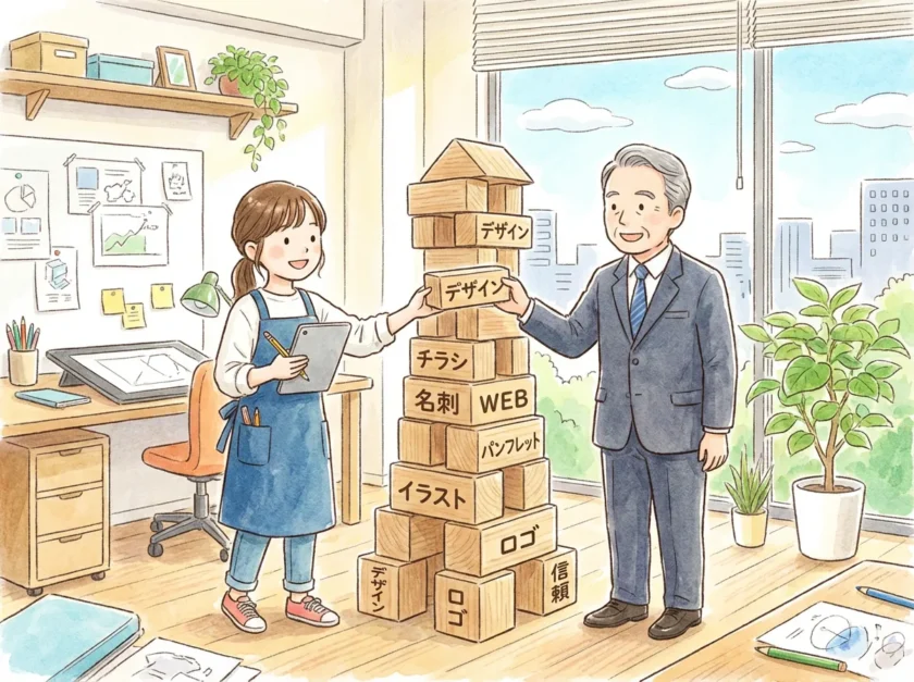 デザイナーと取引先社長がともに積み木を積み上げる