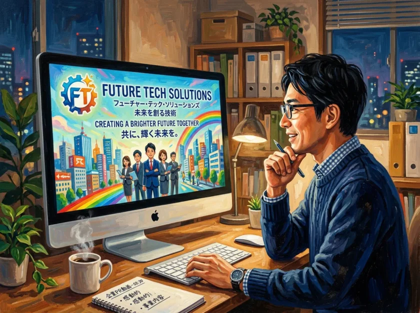 企業PRアニメを視聴するう男性のイラスト