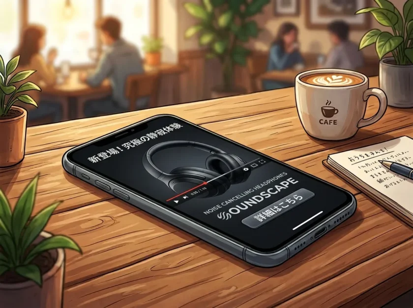 置いてあるスマホの画面に動画広告が流れている様子