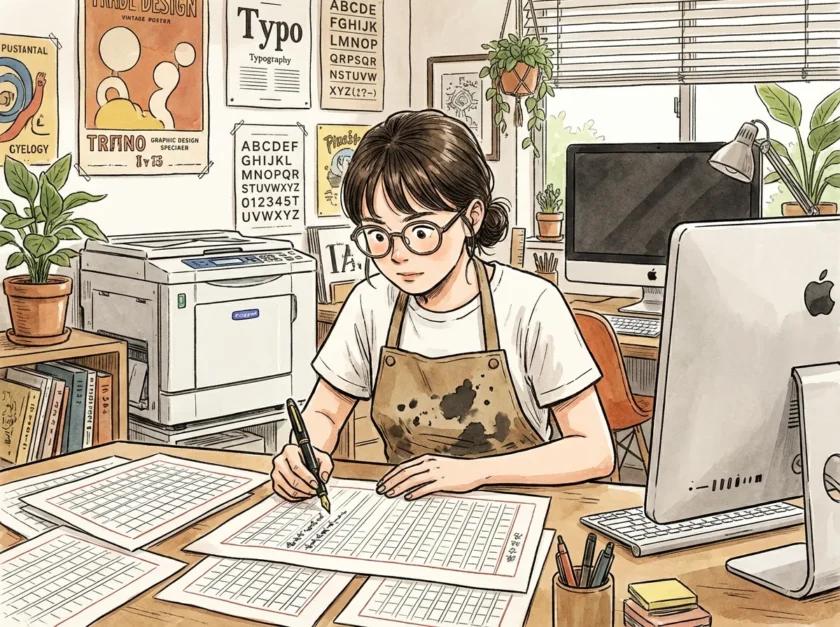 原稿を書くグラフィックデザイナー