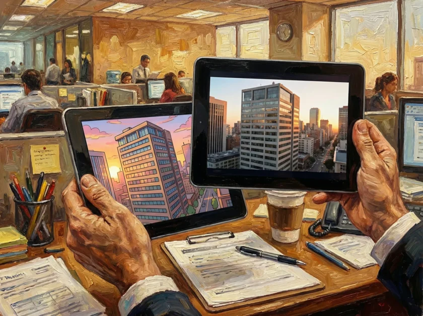 実写の映像とアニメ映像を見比べているイラスト