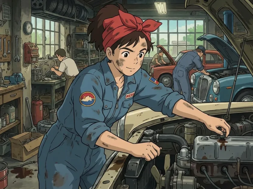 女の子のキャラクターが整備工場で働いているアニメイラスト