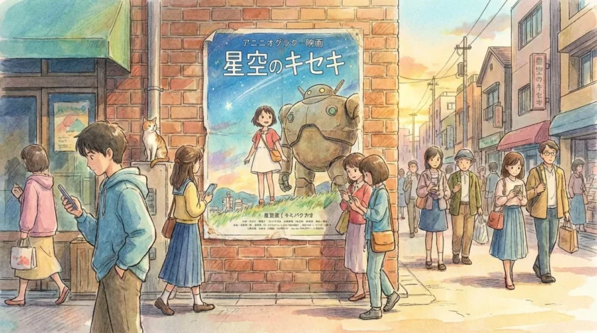 街中に貼られたアニメテイストの広告ポスター