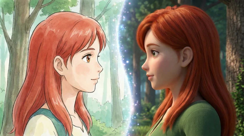 2Dアニメキャラと3Dアニメキャラが向きあっているイラスト