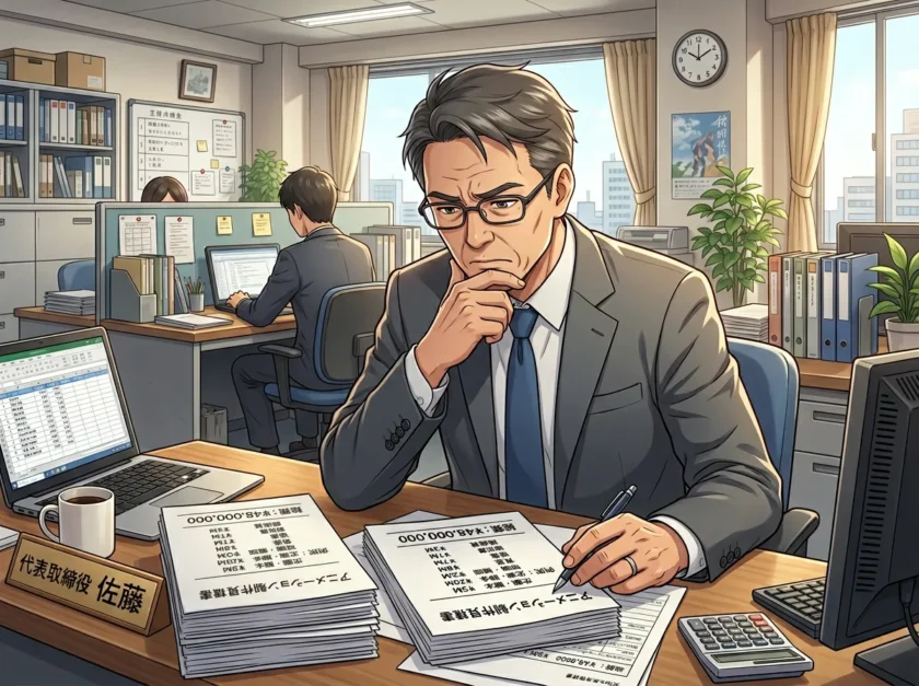 アニメ制作費の見積もりをみて悩む社長のイラスト