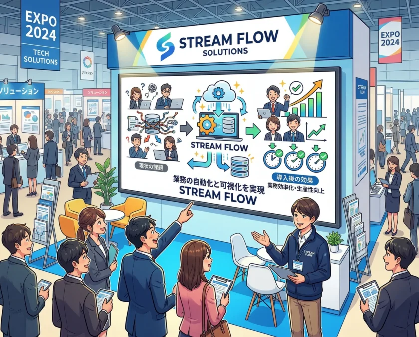 展示会のモニターでサービス紹介にインフォグラフィックを用いている様子。