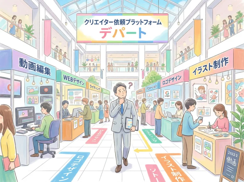 スキルマーケットの中を歩いてどこに依頼するか悩んでいる社長のイラスト