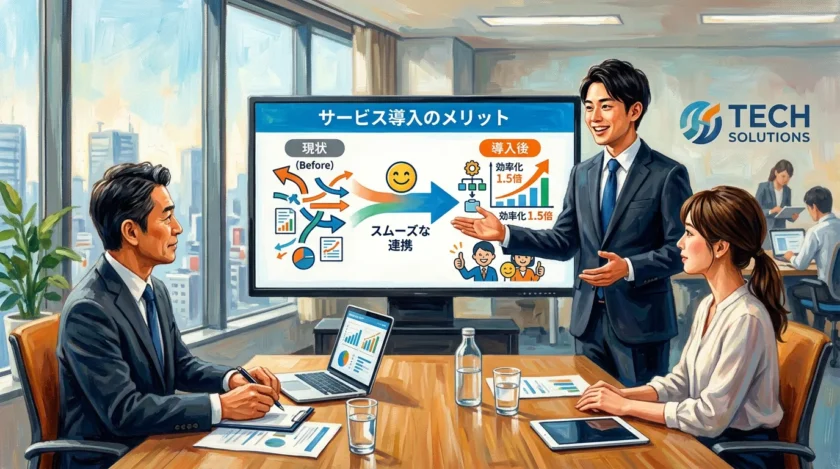 取引先にモーショングラフィックスを用いて説明している様子