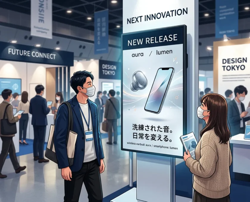 展示会のデジタルサイネージで商品PR映像を流している様子