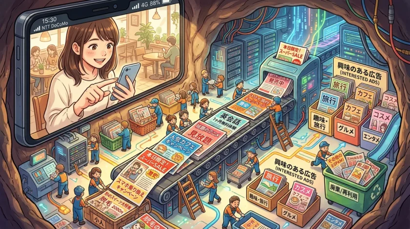 様々な広告を興味のある人のスマホに流している様子