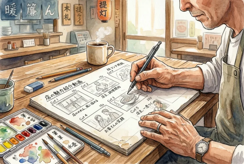 絵コンテを描いている店主のイラスト