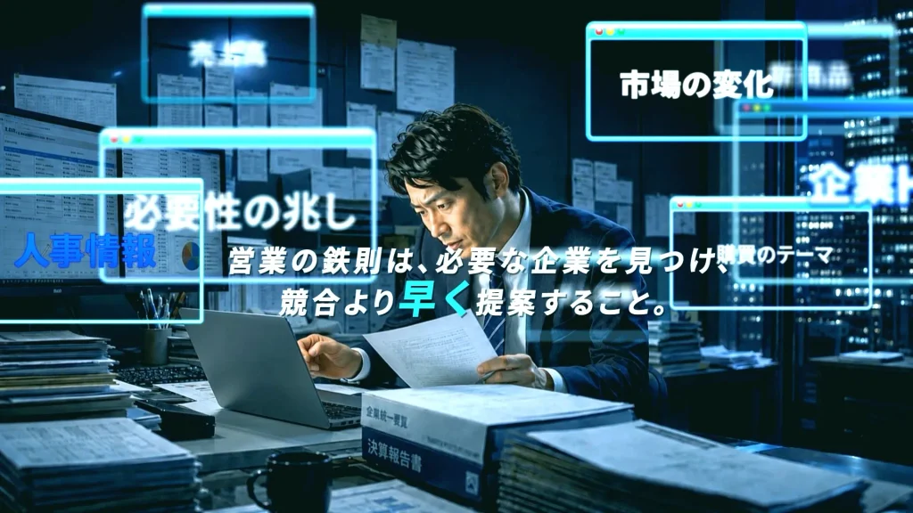 ANKENOVAの商品説明動画で、営業マンが膨大な情報をもとに営業先リストを作成しているシーン
