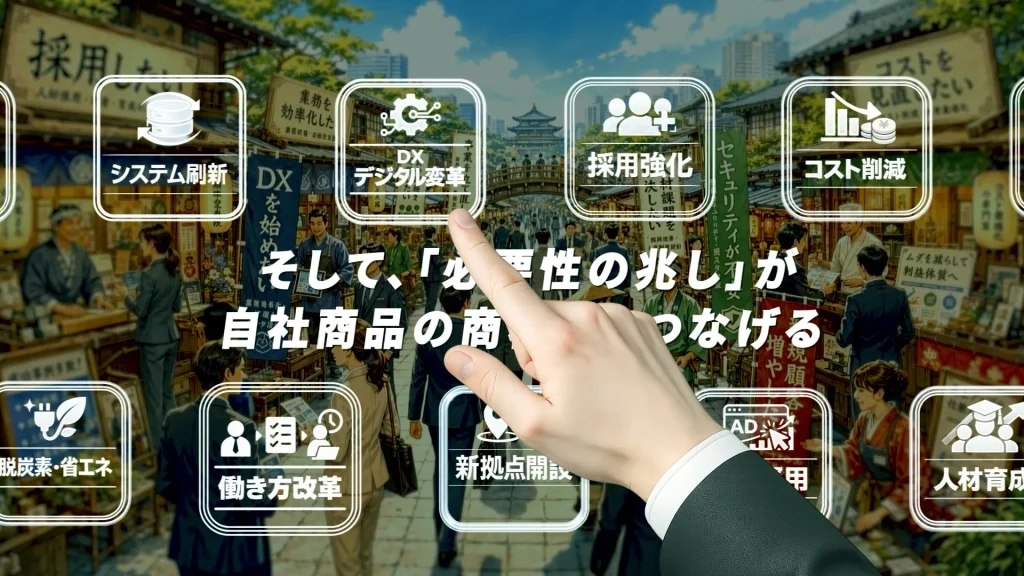 ANKENOVAの商品説明動画で、読み込まれたデータ群がカテゴリとして出力され、それを営業マンの手がでてきて選択するシーン